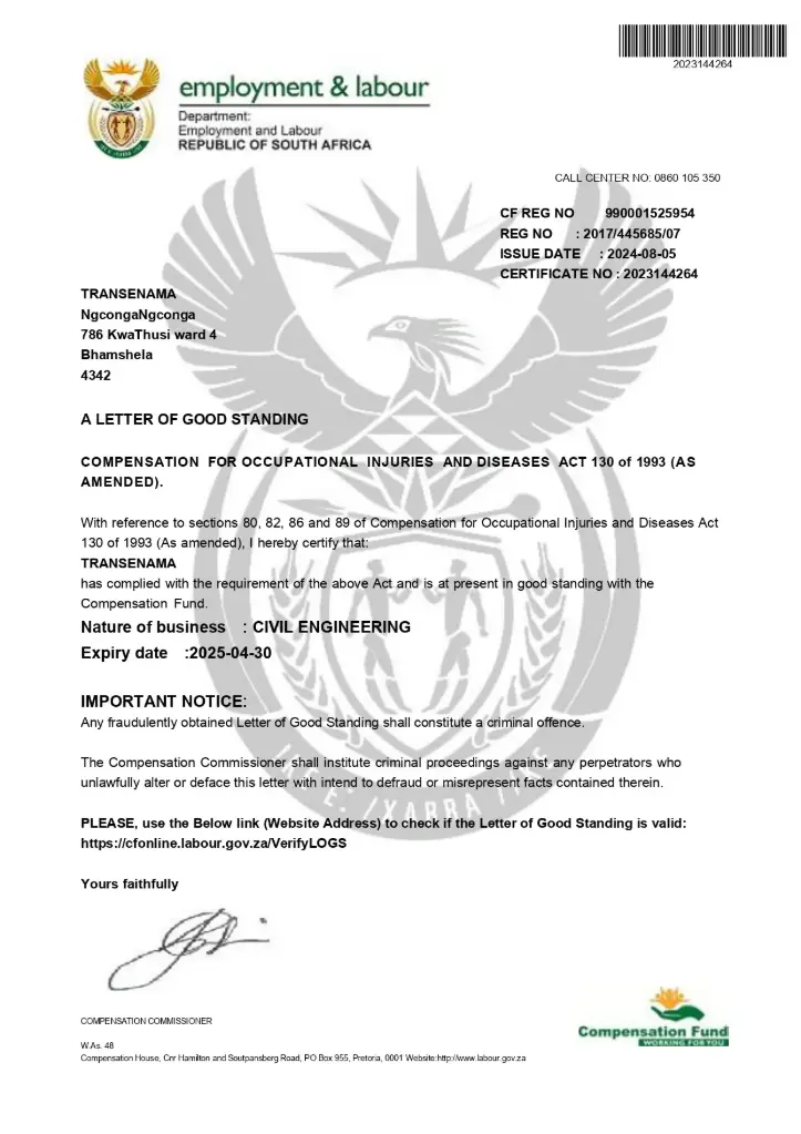 COIDA Department Of Labour Letter of Good Standing