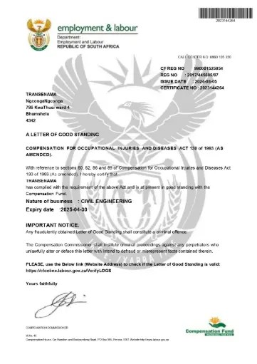 COIDA Department Of Labour Letter of Good Standing